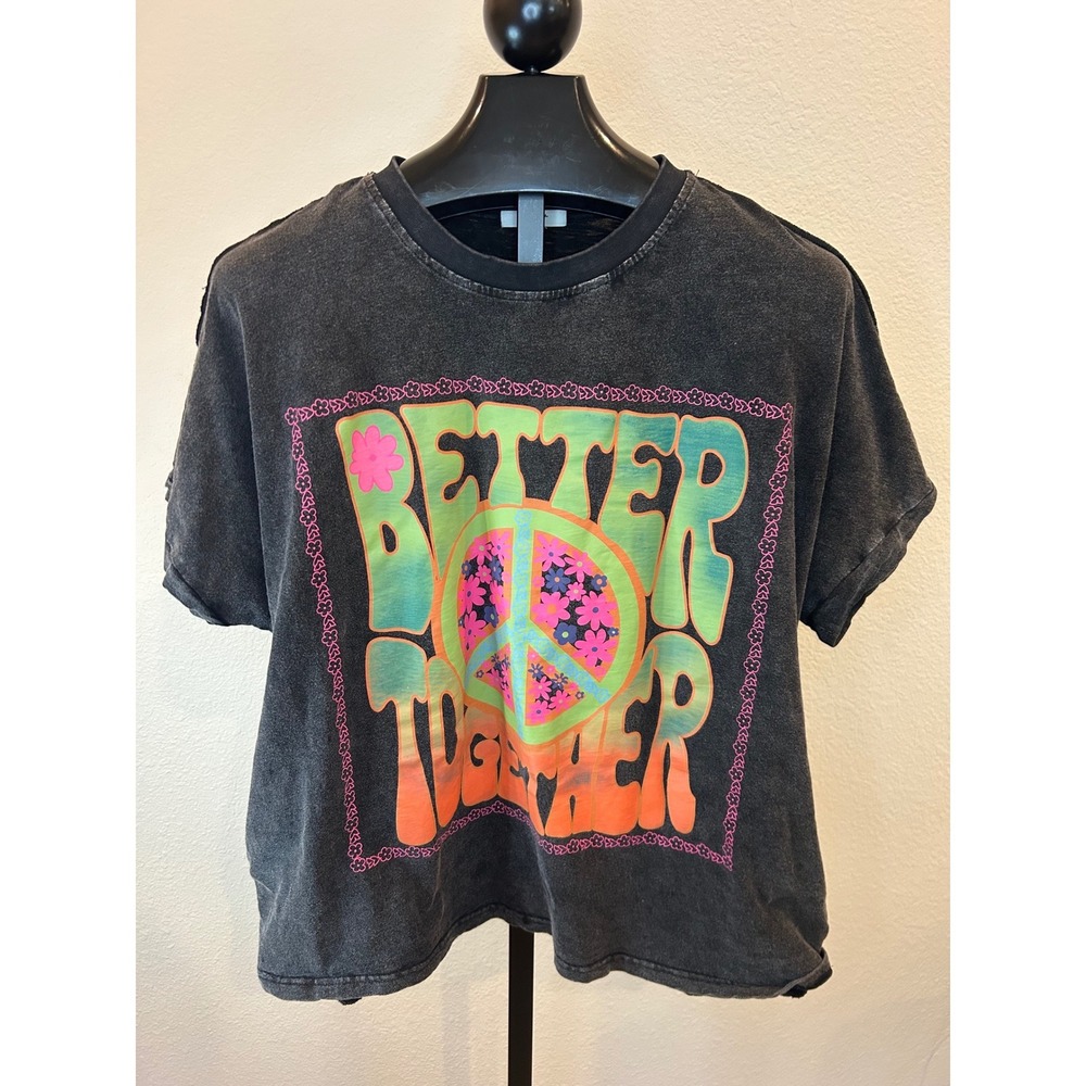 Blue Velvet Better Together Peace Sign Acid Wash Graphic Tee Black Small